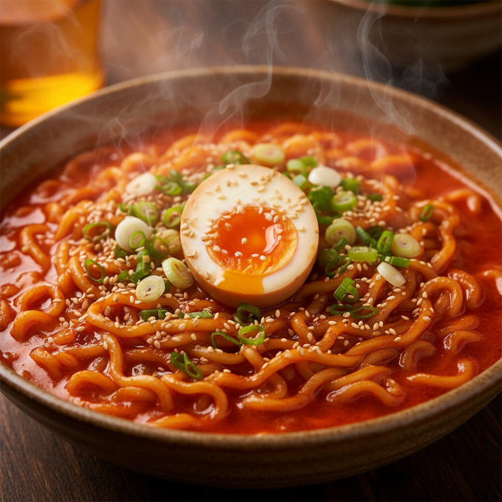 Un tazón de ramen humeante con caldo rojo, cubierto con un huevo marinado, cebollín picado y semillas de sésamo.