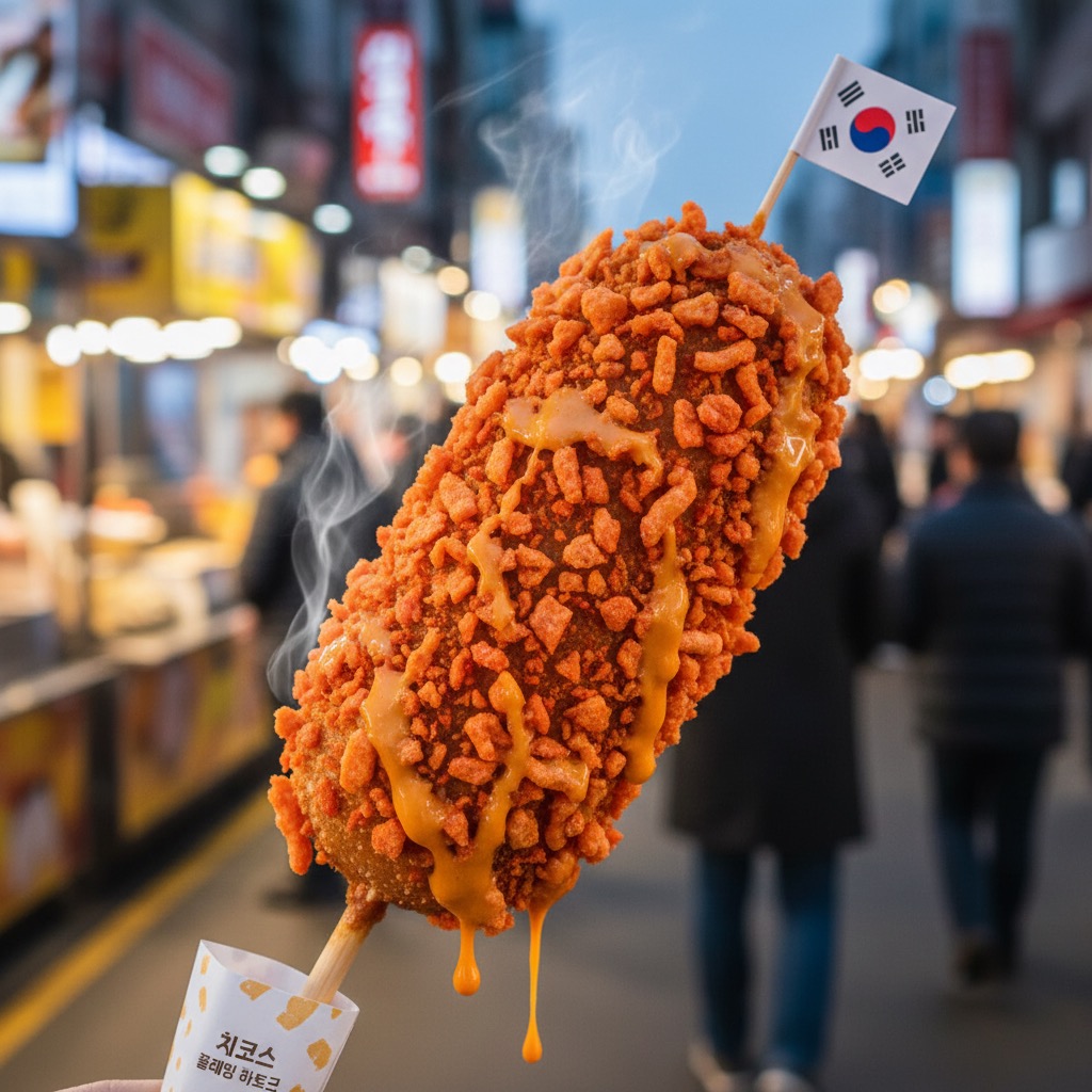 Un corn dog coreano caliente cubierto de trozos crujientes y salsa de queso, sostenido en un palillo con una pequeña bandera de Corea del Sur en una calle concurrida.