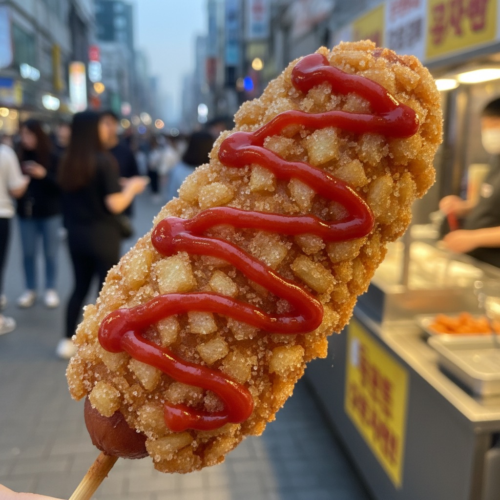 Un corn dog coreano cubierto de trozos de papa frita y una línea de cátsup sostenido en un palillo en una calle concurrida.