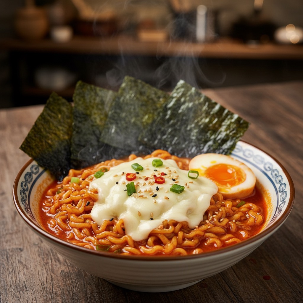 Un tazón de ramen picante con queso derretido, huevo cocido y láminas de alga nori sobre una mesa de madera.