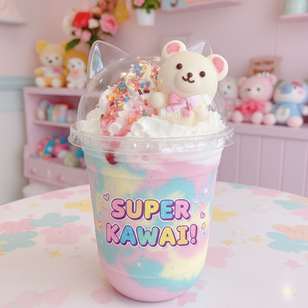 Una bebida estilo frappé de colores pastel con crema batida, chispas de colores y una figura de osito de chocolate en un vaso con orejas de gato y la leyenda "SUPER KAWAI!".