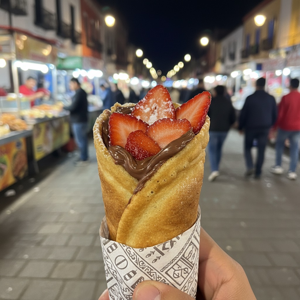 Una mano sostiene un cono de waffle relleno de crema de avellana y fresas frescas en una calle peatonal iluminada por la noche.